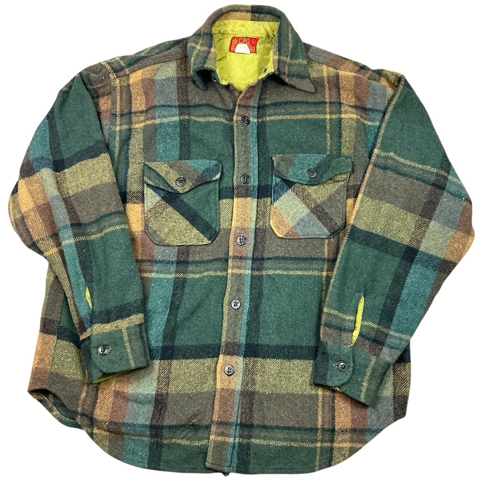 Vintage 70s Sears CPO green plaid wool button front flannel/shacket size M/L